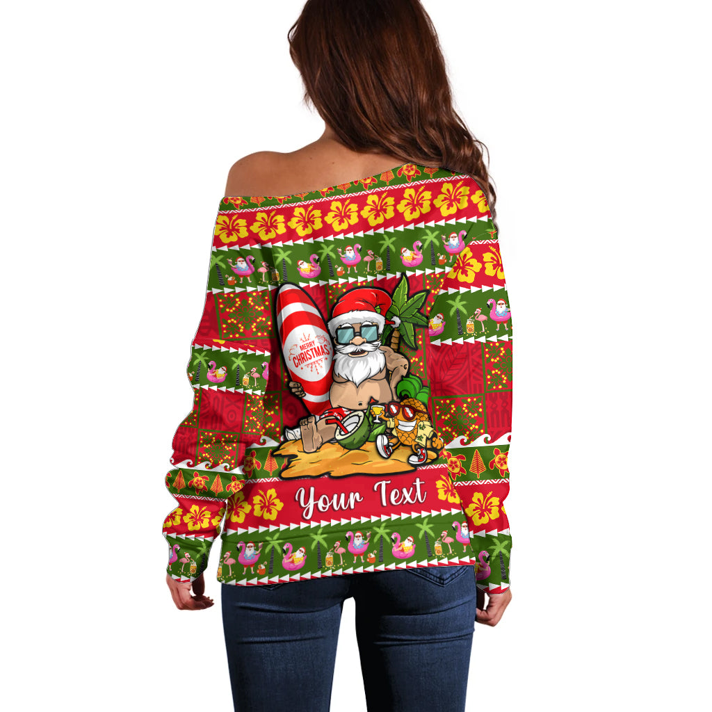 Personalised Hawaii Surfing Santa Christmas Off Shoulder Sweater Tropical Pineapple Mele Kalikimaka Quilt Pattern - Wonder Print Shop