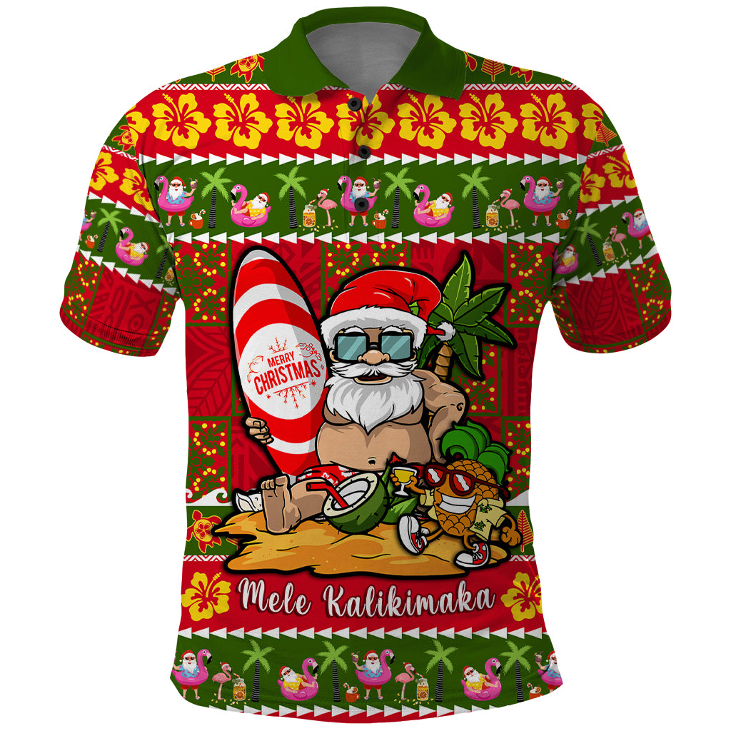 Personalised Hawaii Surfing Santa Christmas Polo Shirt Tropical Pineapple Mele Kalikimaka Quilt Pattern - Wonder Print Shop