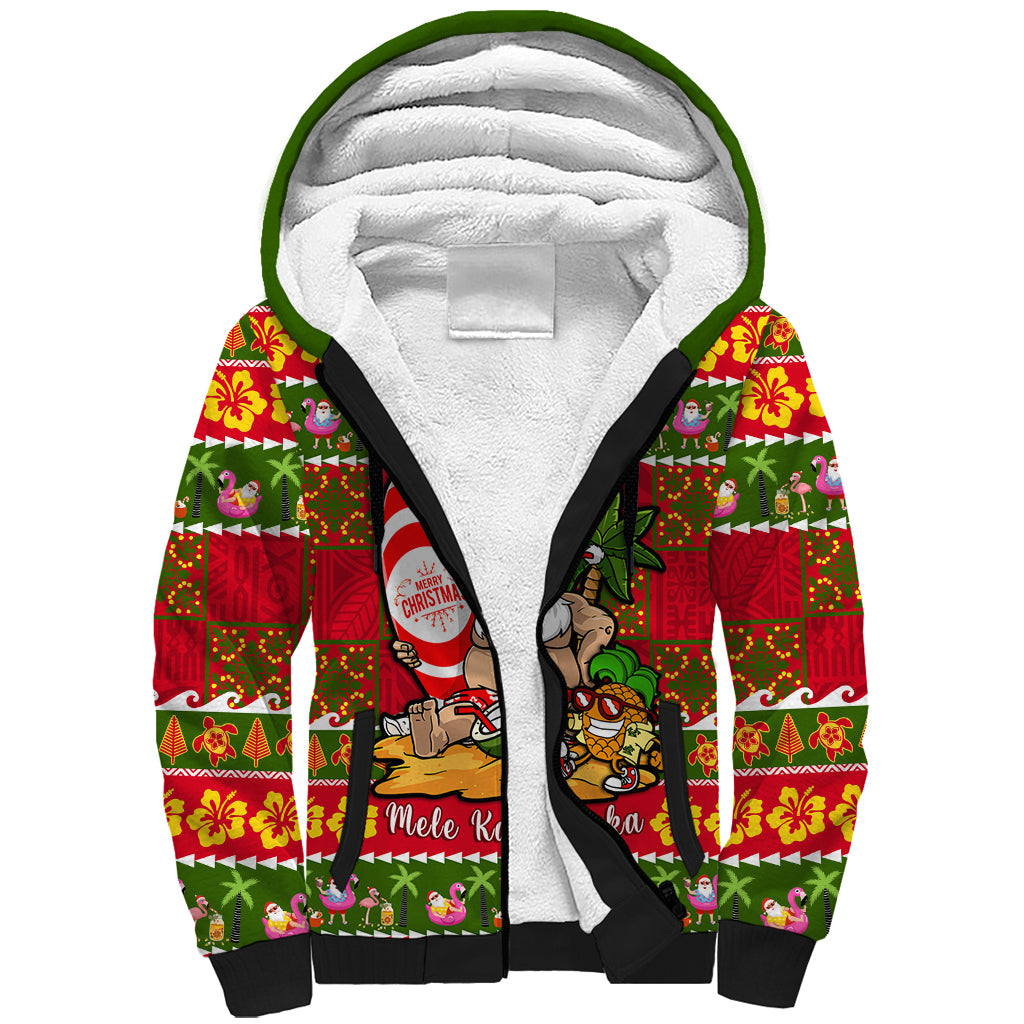 Personalised Hawaii Surfing Santa Christmas Sherpa Hoodie Tropical Pineapple Mele Kalikimaka Quilt Pattern - Wonder Print Shop