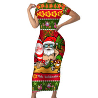 Personalised Hawaii Surfing Santa Christmas Short Sleeve Bodycon Dress Tropical Pineapple Mele Kalikimaka Quilt Pattern - Wonder Print Shop