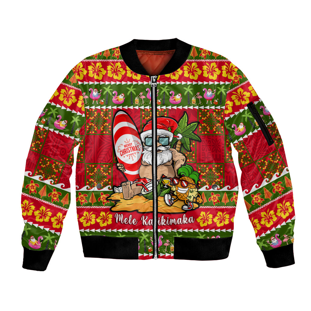 Personalised Hawaii Surfing Santa Christmas Sleeve Zip Bomber Jacket Tropical Pineapple Mele Kalikimaka Quilt Pattern - Wonder Print Shop