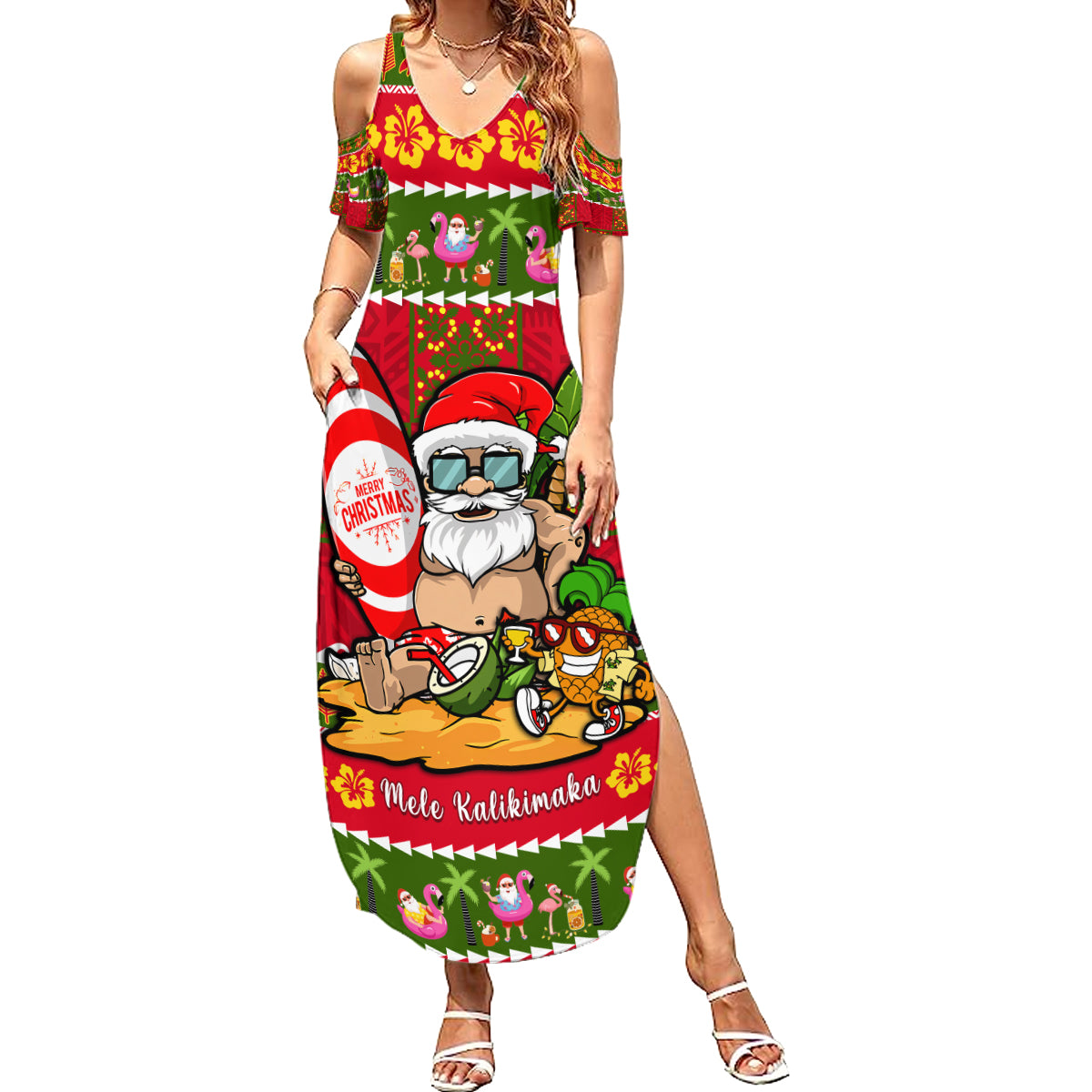 Personalised Hawaii Surfing Santa Christmas Summer Maxi Dress Tropical Pineapple Mele Kalikimaka Quilt Pattern - Wonder Print Shop