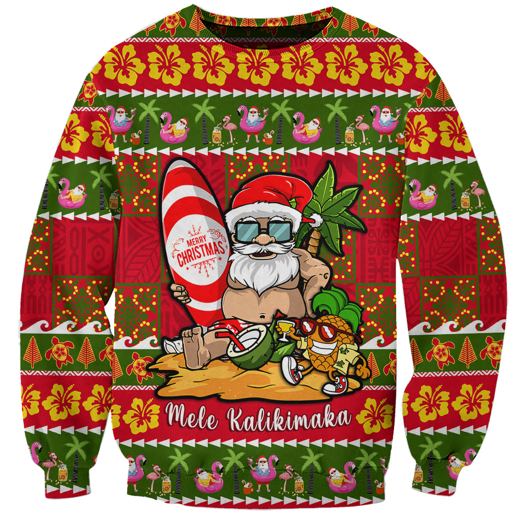 Personalised Hawaii Surfing Santa Christmas Sweatshirt Tropical Pineapple Mele Kalikimaka Quilt Pattern - Wonder Print Shop