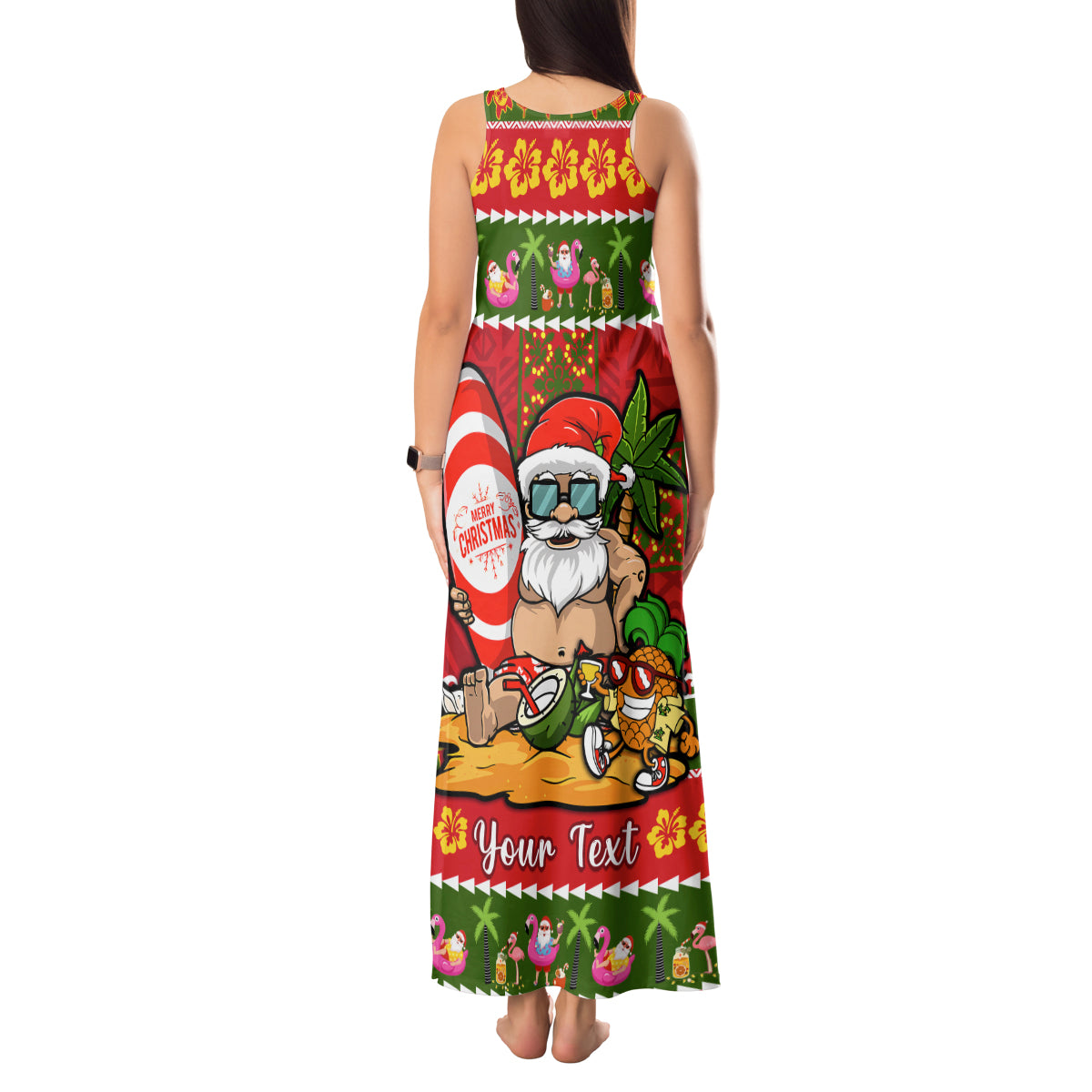 Personalised Hawaii Surfing Santa Christmas Tank Maxi Dress Tropical Pineapple Mele Kalikimaka Quilt Pattern - Wonder Print Shop