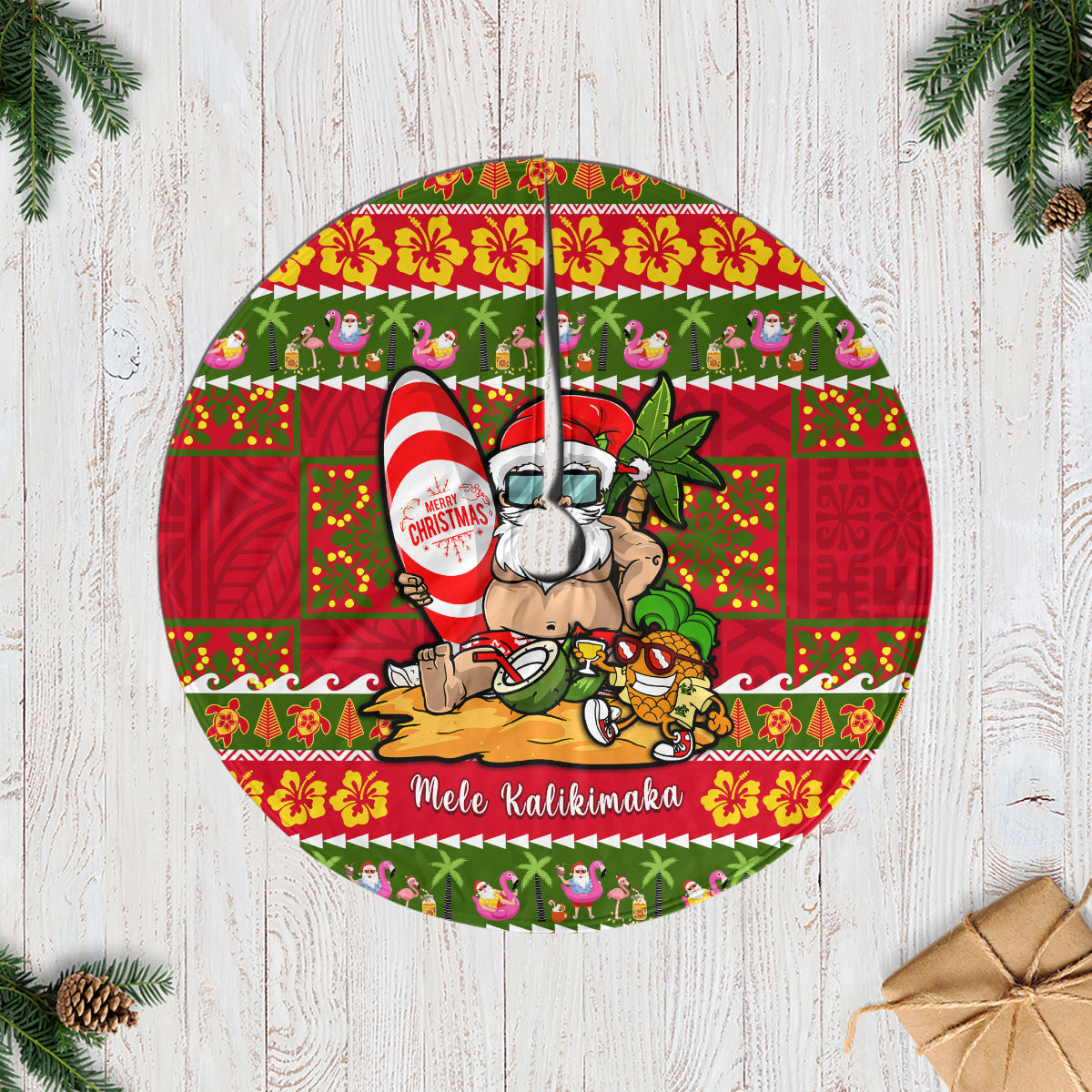 Hawaii Surfing Santa Christmas Tree Skirt Tropical Pineapple Mele Kalikimaka Quilt Pattern - Wonder Print Shop