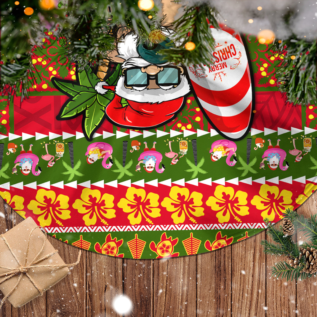 Hawaii Surfing Santa Christmas Tree Skirt Tropical Pineapple Mele Kalikimaka Quilt Pattern - Wonder Print Shop