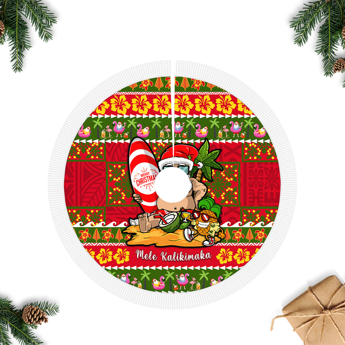 Hawaii Surfing Santa Christmas Tree Skirt Tropical Pineapple Mele Kalikimaka Quilt Pattern - Wonder Print Shop
