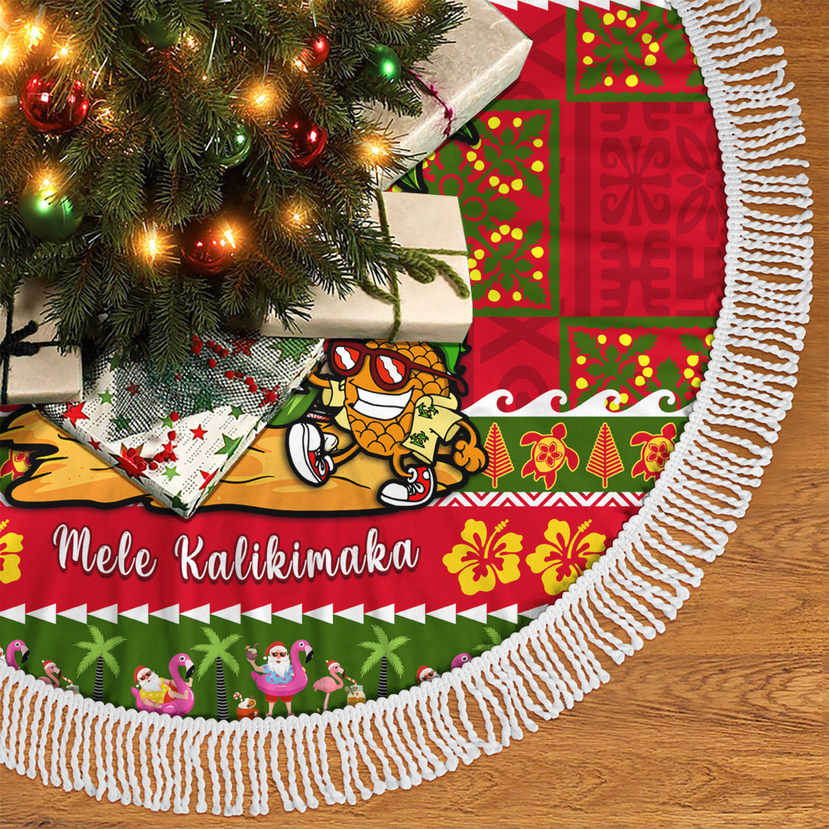 Hawaii Surfing Santa Christmas Tree Skirt Tropical Pineapple Mele Kalikimaka Quilt Pattern - Wonder Print Shop