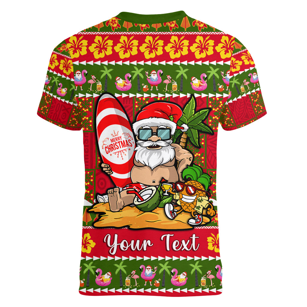 Personalised Hawaii Surfing Santa Christmas Women V Neck T Shirt Tropical Pineapple Mele Kalikimaka Quilt Pattern - Wonder Print Shop