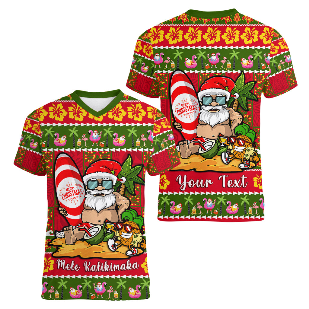 Personalised Hawaii Surfing Santa Christmas Women V Neck T Shirt Tropical Pineapple Mele Kalikimaka Quilt Pattern - Wonder Print Shop