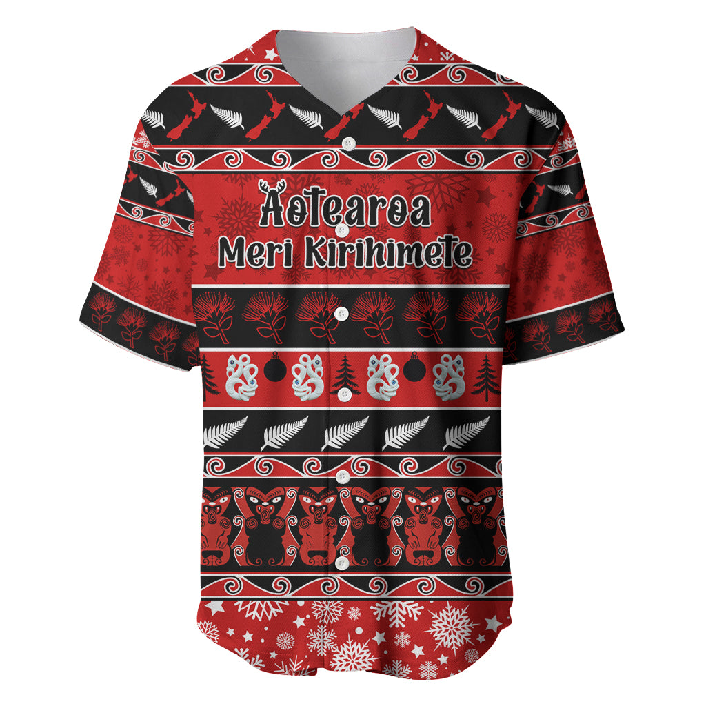 Personalised New Zealand Christmas Baseball Jersey Aotearoa Kiwi Meri Kirihimete Red Version - Wonder Print Shop
