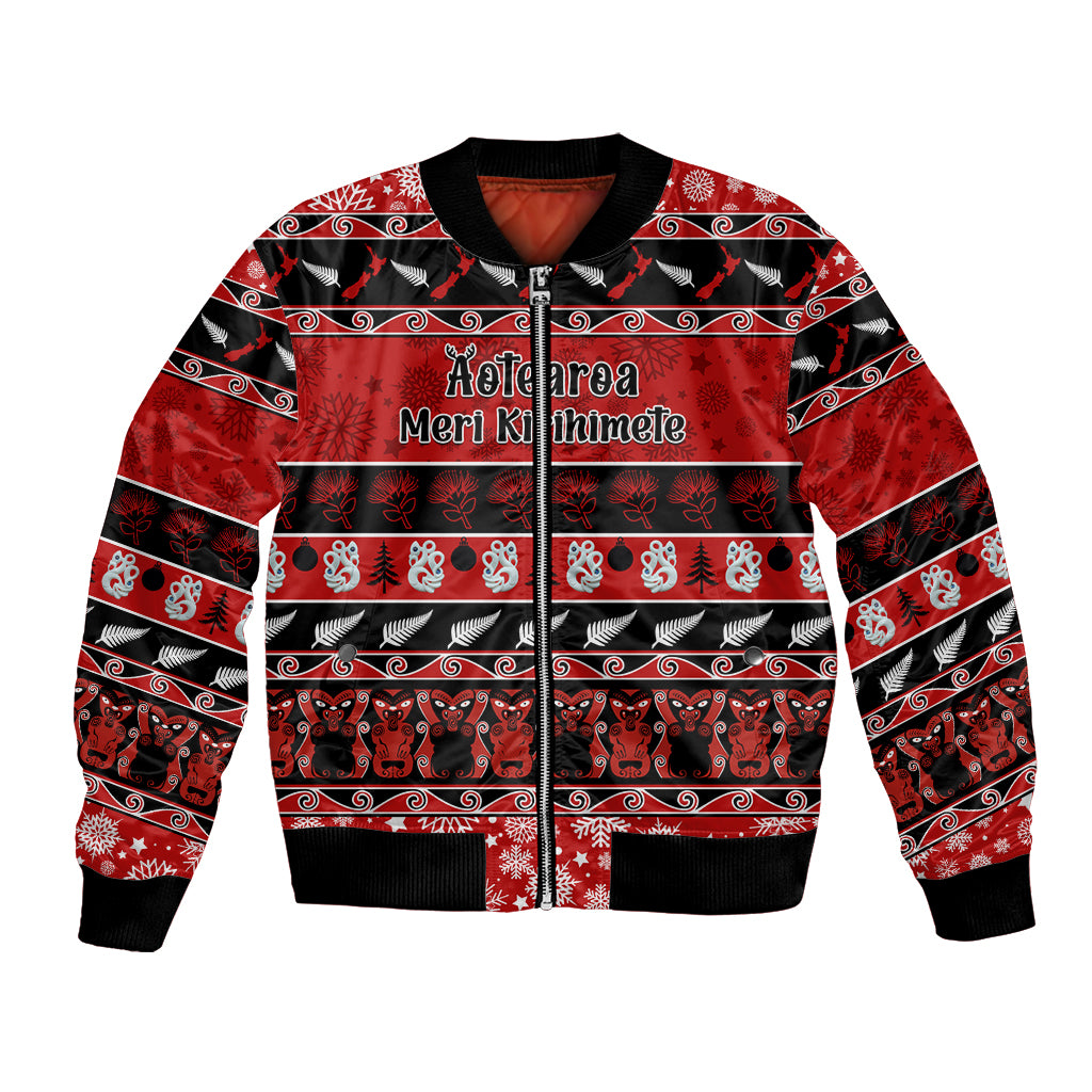 Personalised New Zealand Christmas Bomber Jacket Aotearoa Kiwi Meri Kirihimete Red Version - Wonder Print Shop
