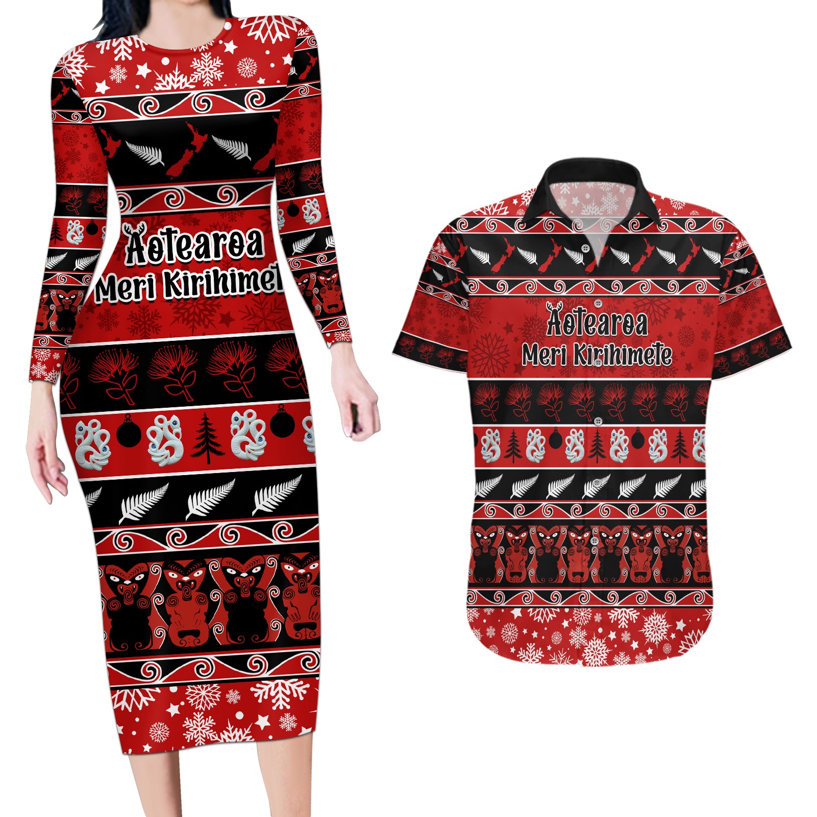 Personalised New Zealand Christmas Couples Matching Long Sleeve Bodycon Dress and Hawaiian Shirt Aotearoa Kiwi Meri Kirihimete Red Version - Wonder Print Shop