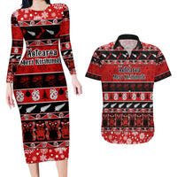 Personalised New Zealand Christmas Couples Matching Long Sleeve Bodycon Dress and Hawaiian Shirt Aotearoa Kiwi Meri Kirihimete Red Version - Wonder Print Shop