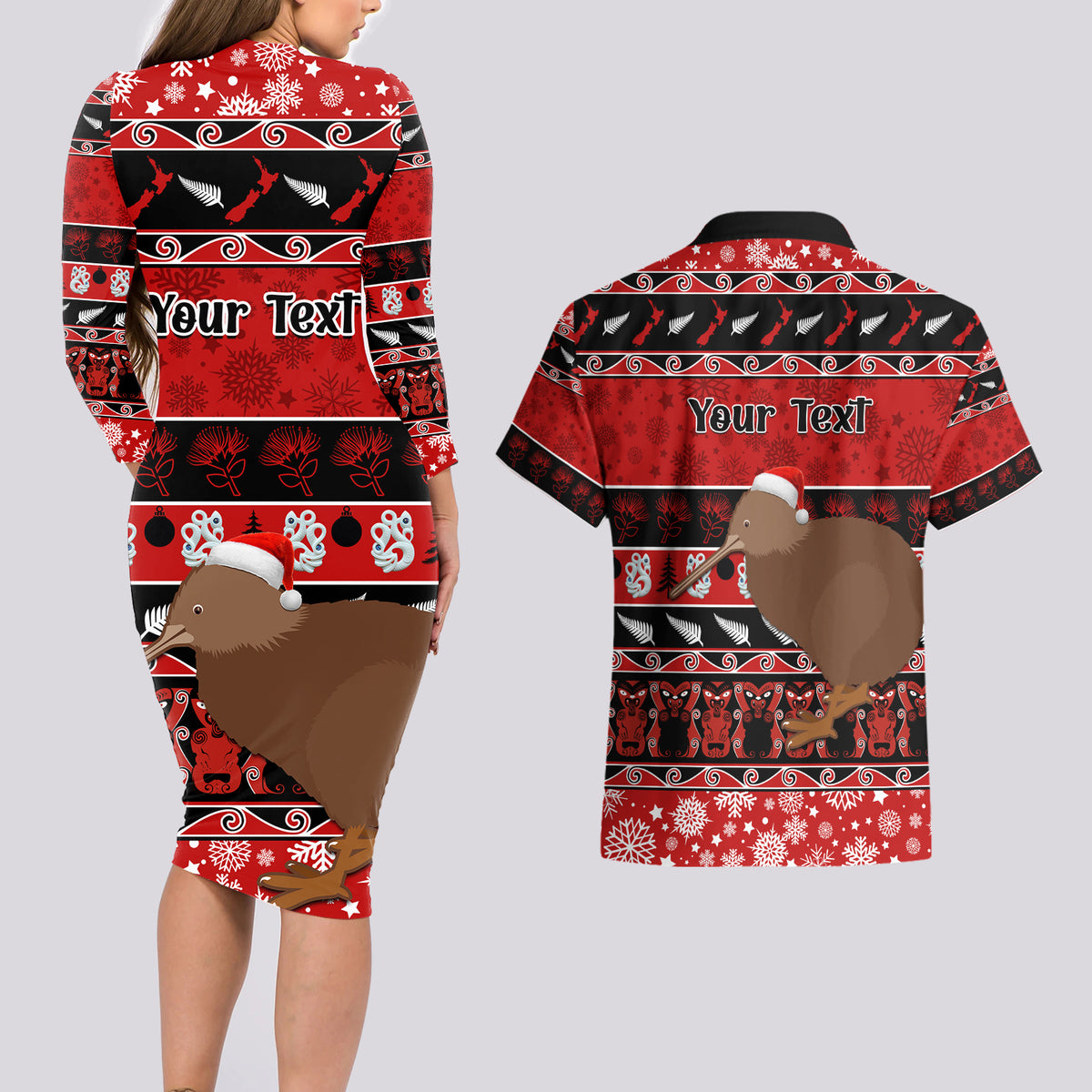 Personalised New Zealand Christmas Couples Matching Long Sleeve Bodycon Dress and Hawaiian Shirt Aotearoa Kiwi Meri Kirihimete Red Version - Wonder Print Shop