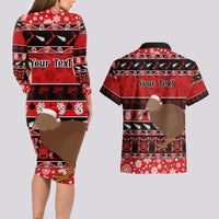 Personalised New Zealand Christmas Couples Matching Long Sleeve Bodycon Dress and Hawaiian Shirt Aotearoa Kiwi Meri Kirihimete Red Version - Wonder Print Shop