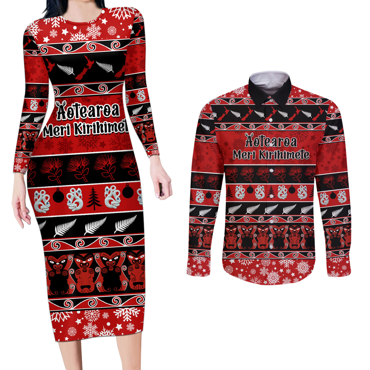 Personalised New Zealand Christmas Couples Matching Long Sleeve Bodycon Dress and Long Sleeve Button Shirt Aotearoa Kiwi Meri Kirihimete Red Version - Wonder Print Shop