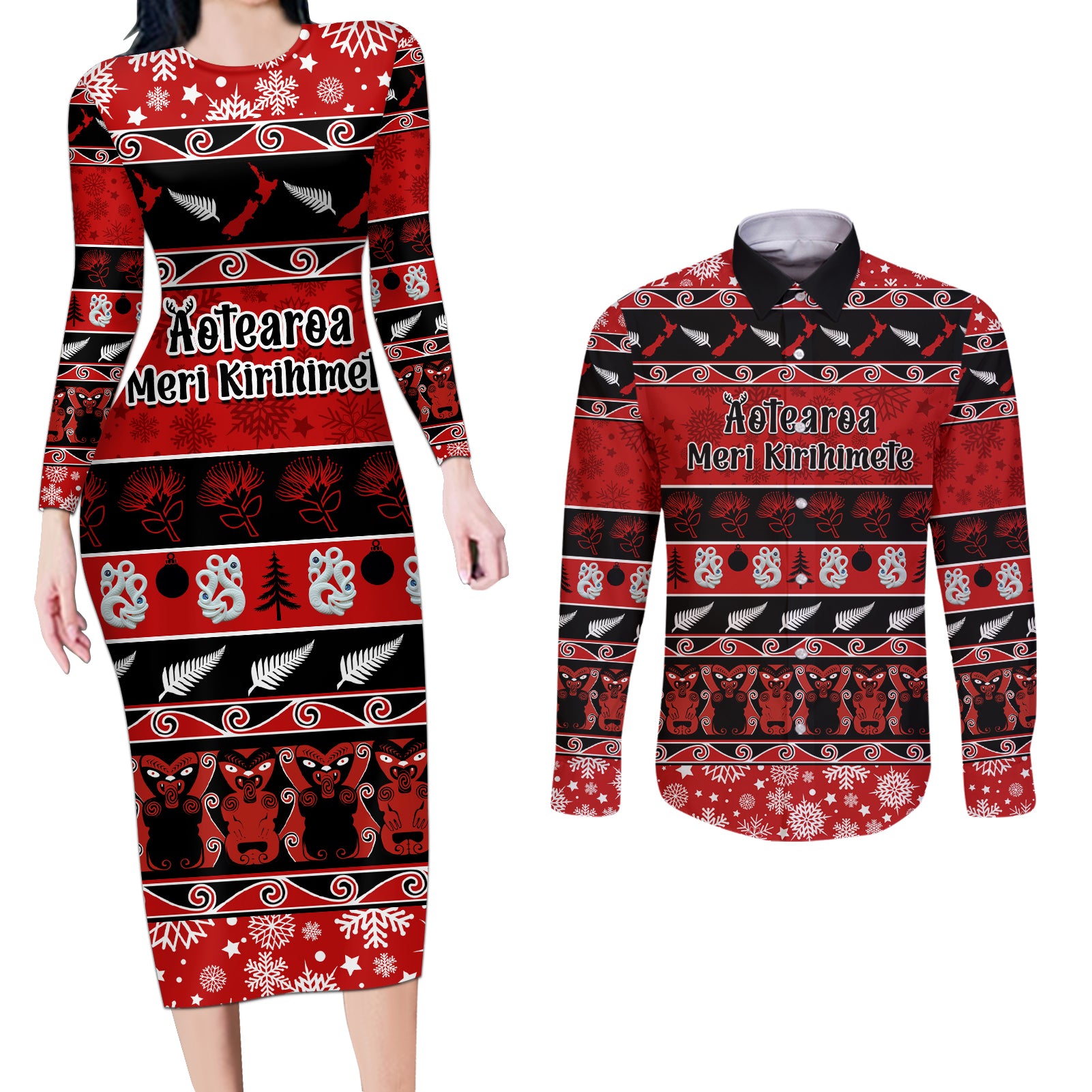 Personalised New Zealand Christmas Couples Matching Long Sleeve Bodycon Dress and Long Sleeve Button Shirt Aotearoa Kiwi Meri Kirihimete Red Version - Wonder Print Shop