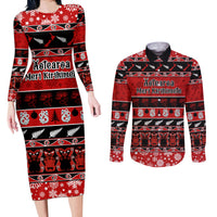 Personalised New Zealand Christmas Couples Matching Long Sleeve Bodycon Dress and Long Sleeve Button Shirt Aotearoa Kiwi Meri Kirihimete Red Version - Wonder Print Shop