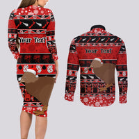 Personalised New Zealand Christmas Couples Matching Long Sleeve Bodycon Dress and Long Sleeve Button Shirt Aotearoa Kiwi Meri Kirihimete Red Version - Wonder Print Shop