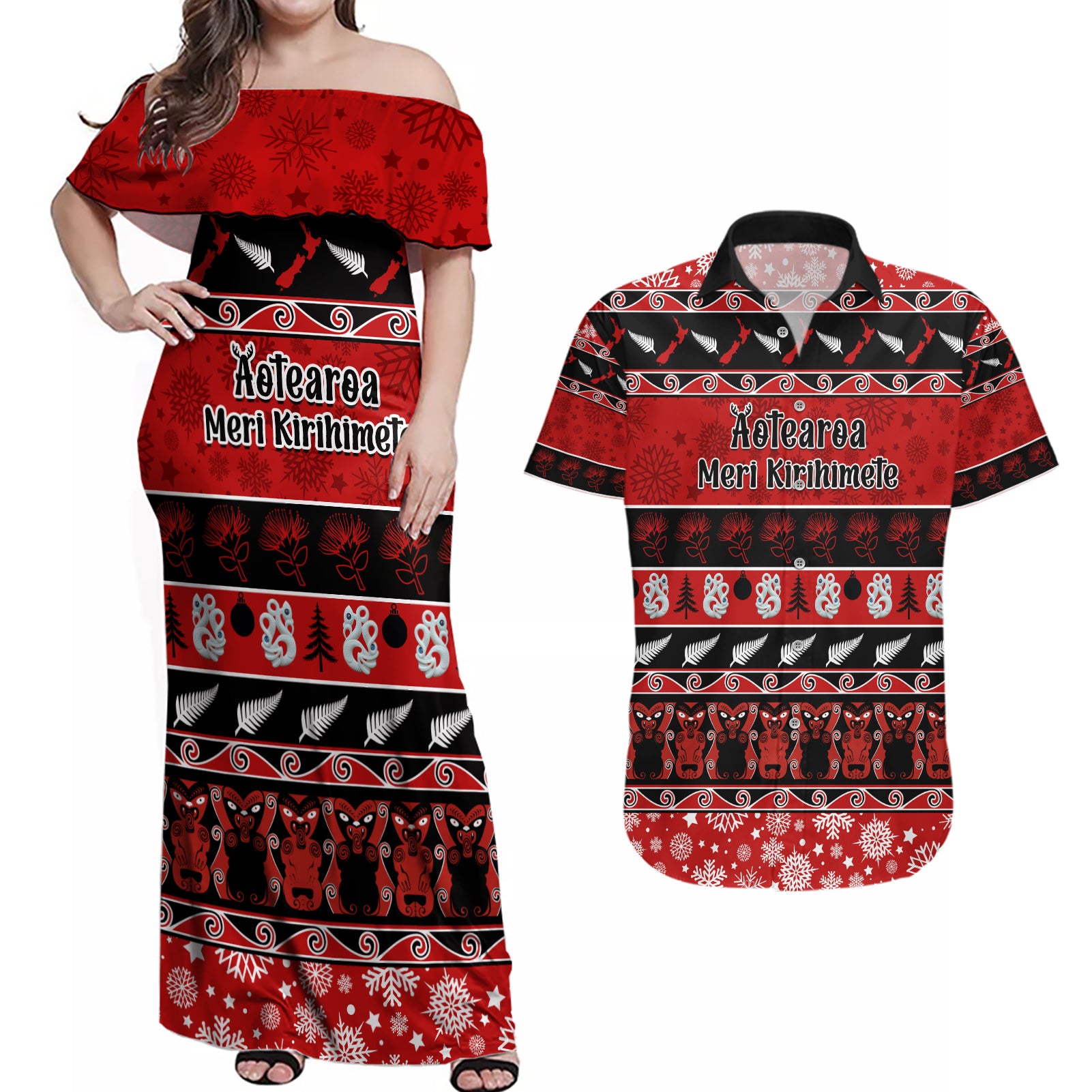 Personalised New Zealand Christmas Couples Matching Off Shoulder Maxi Dress and Hawaiian Shirt Aotearoa Kiwi Meri Kirihimete Red Version - Wonder Print Shop