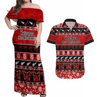 Personalised New Zealand Christmas Couples Matching Off Shoulder Maxi Dress and Hawaiian Shirt Aotearoa Kiwi Meri Kirihimete Red Version - Wonder Print Shop