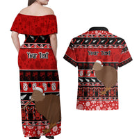 Personalised New Zealand Christmas Couples Matching Off Shoulder Maxi Dress and Hawaiian Shirt Aotearoa Kiwi Meri Kirihimete Red Version - Wonder Print Shop