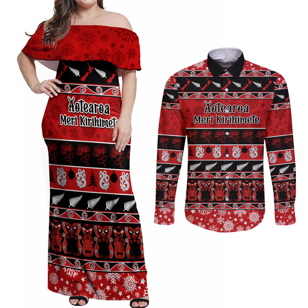 Personalised New Zealand Christmas Couples Matching Off Shoulder Maxi Dress and Long Sleeve Button Shirt Aotearoa Kiwi Meri Kirihimete Red Version - Wonder Print Shop
