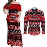 Personalised New Zealand Christmas Couples Matching Off Shoulder Maxi Dress and Long Sleeve Button Shirt Aotearoa Kiwi Meri Kirihimete Red Version - Wonder Print Shop