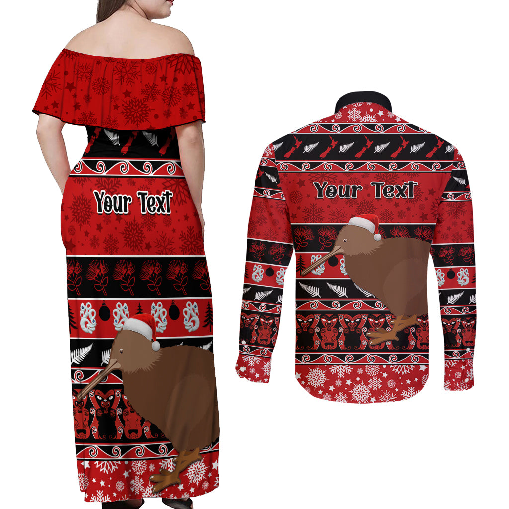 Personalised New Zealand Christmas Couples Matching Off Shoulder Maxi Dress and Long Sleeve Button Shirt Aotearoa Kiwi Meri Kirihimete Red Version - Wonder Print Shop