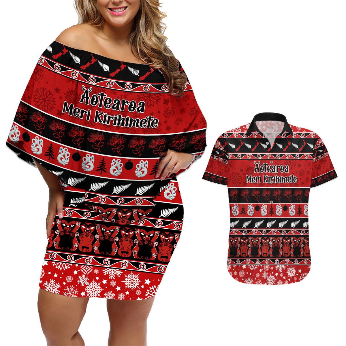 Personalised New Zealand Christmas Couples Matching Off Shoulder Short Dress and Hawaiian Shirt Aotearoa Kiwi Meri Kirihimete Red Version - Wonder Print Shop