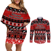 Personalised New Zealand Christmas Couples Matching Off Shoulder Short Dress and Long Sleeve Button Shirt Aotearoa Kiwi Meri Kirihimete Red Version - Wonder Print Shop