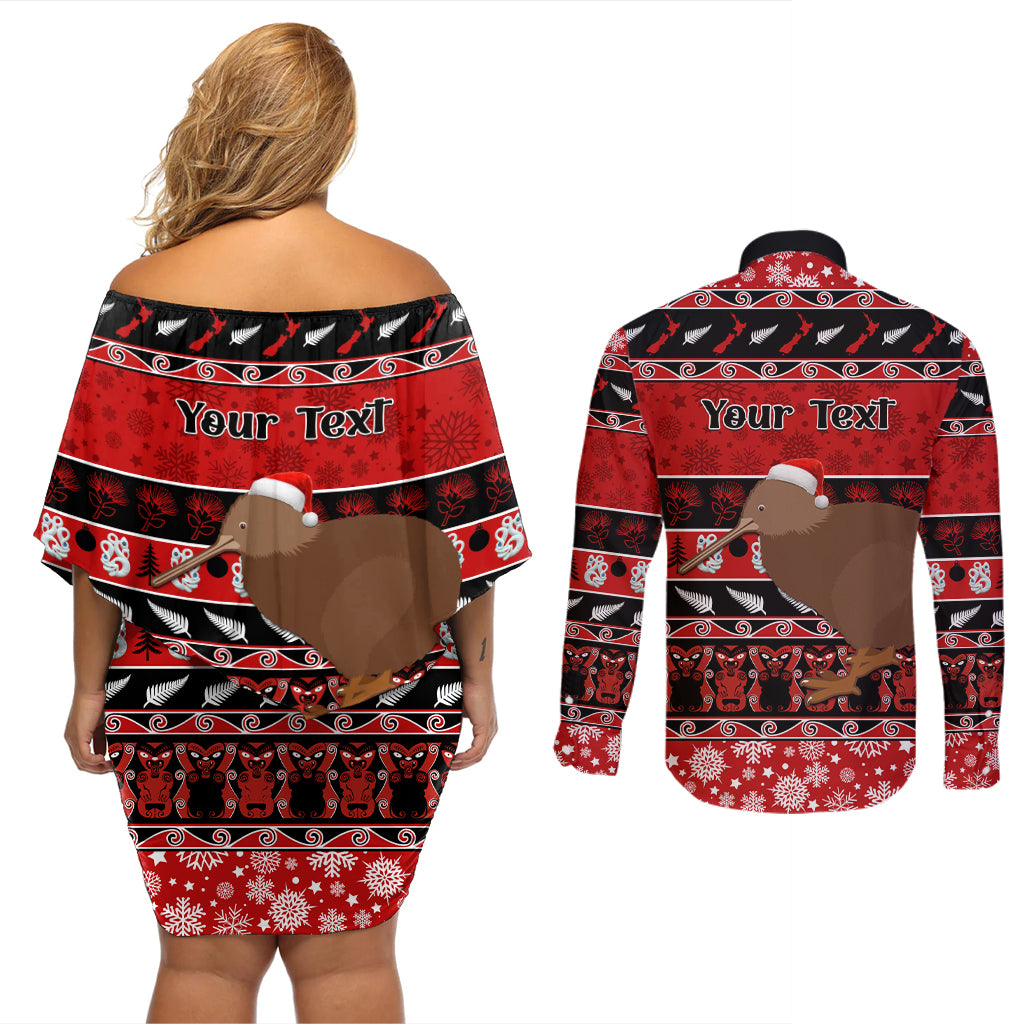 Personalised New Zealand Christmas Couples Matching Off Shoulder Short Dress and Long Sleeve Button Shirt Aotearoa Kiwi Meri Kirihimete Red Version - Wonder Print Shop
