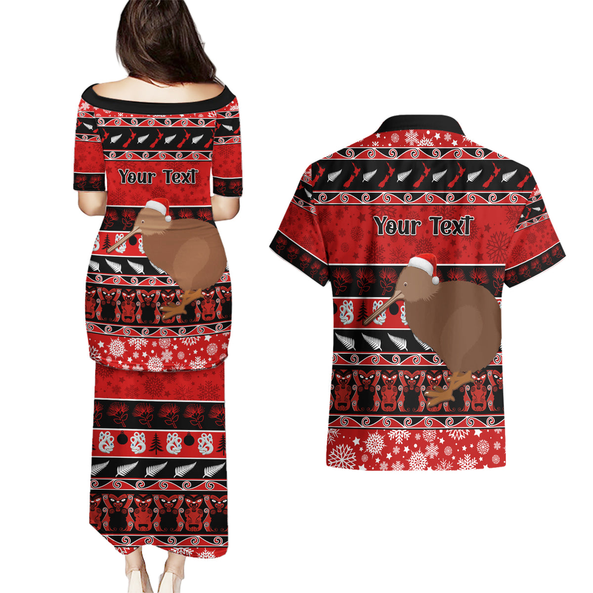 Personalised New Zealand Christmas Couples Matching Puletasi Dress and Hawaiian Shirt Aotearoa Kiwi Meri Kirihimete Red Version - Wonder Print Shop