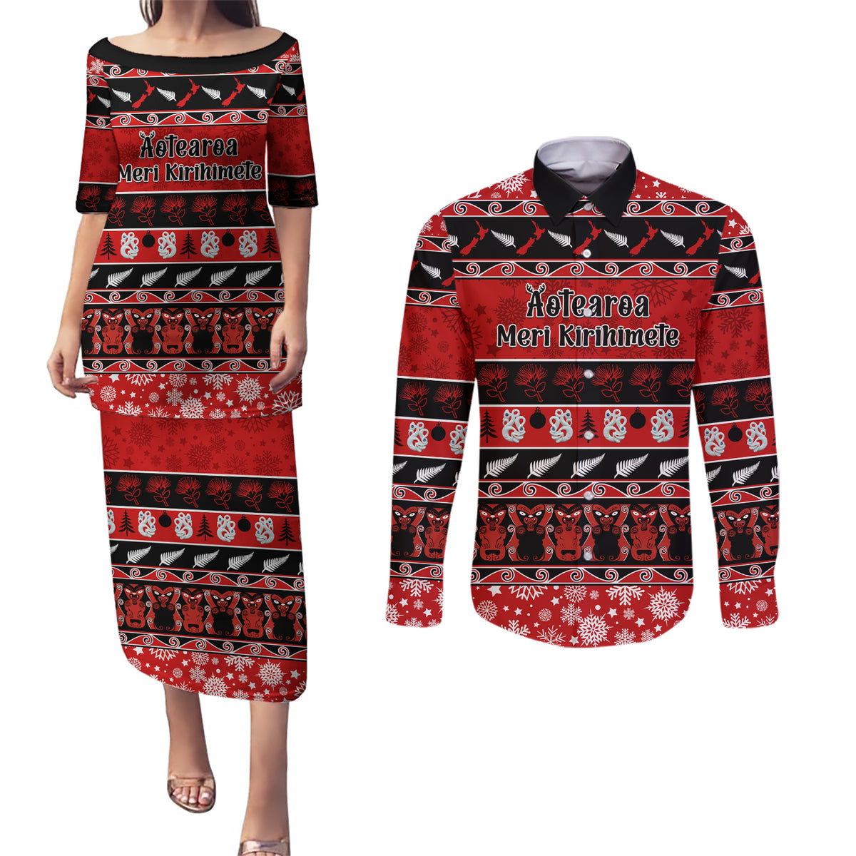 Personalised New Zealand Christmas Couples Matching Puletasi Dress and Long Sleeve Button Shirt Aotearoa Kiwi Meri Kirihimete Red Version - Wonder Print Shop