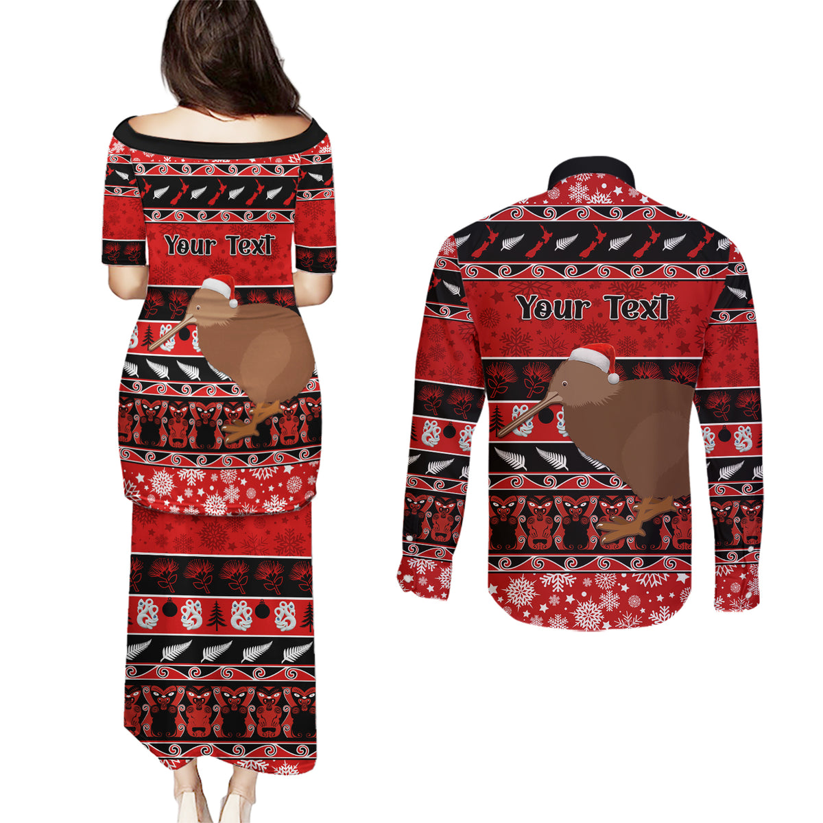 Personalised New Zealand Christmas Couples Matching Puletasi Dress and Long Sleeve Button Shirt Aotearoa Kiwi Meri Kirihimete Red Version - Wonder Print Shop