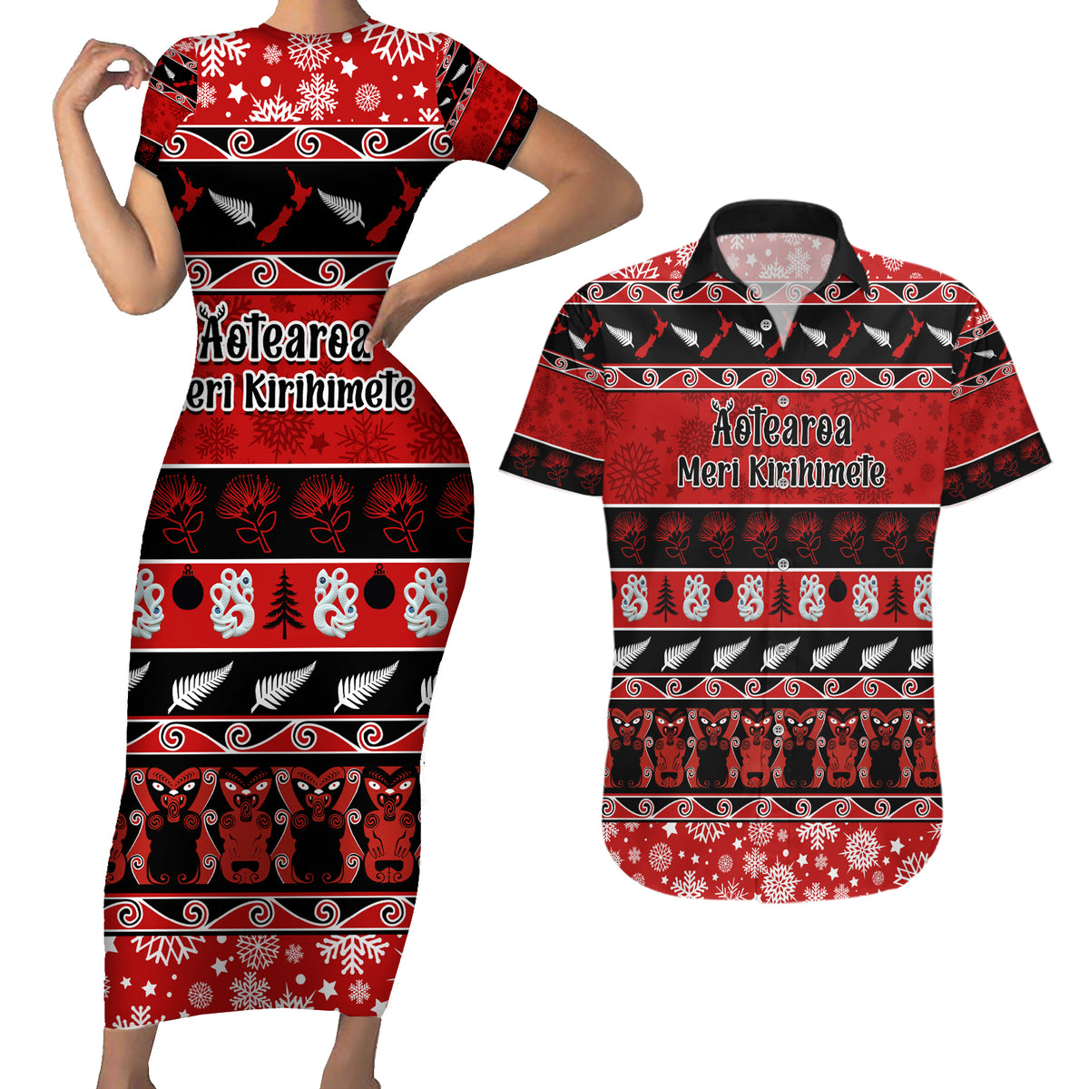 Personalised New Zealand Christmas Couples Matching Short Sleeve Bodycon Dress and Hawaiian Shirt Aotearoa Kiwi Meri Kirihimete Red Version - Wonder Print Shop