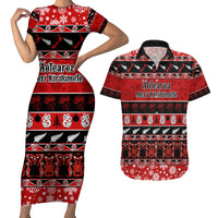 Personalised New Zealand Christmas Couples Matching Short Sleeve Bodycon Dress and Hawaiian Shirt Aotearoa Kiwi Meri Kirihimete Red Version - Wonder Print Shop