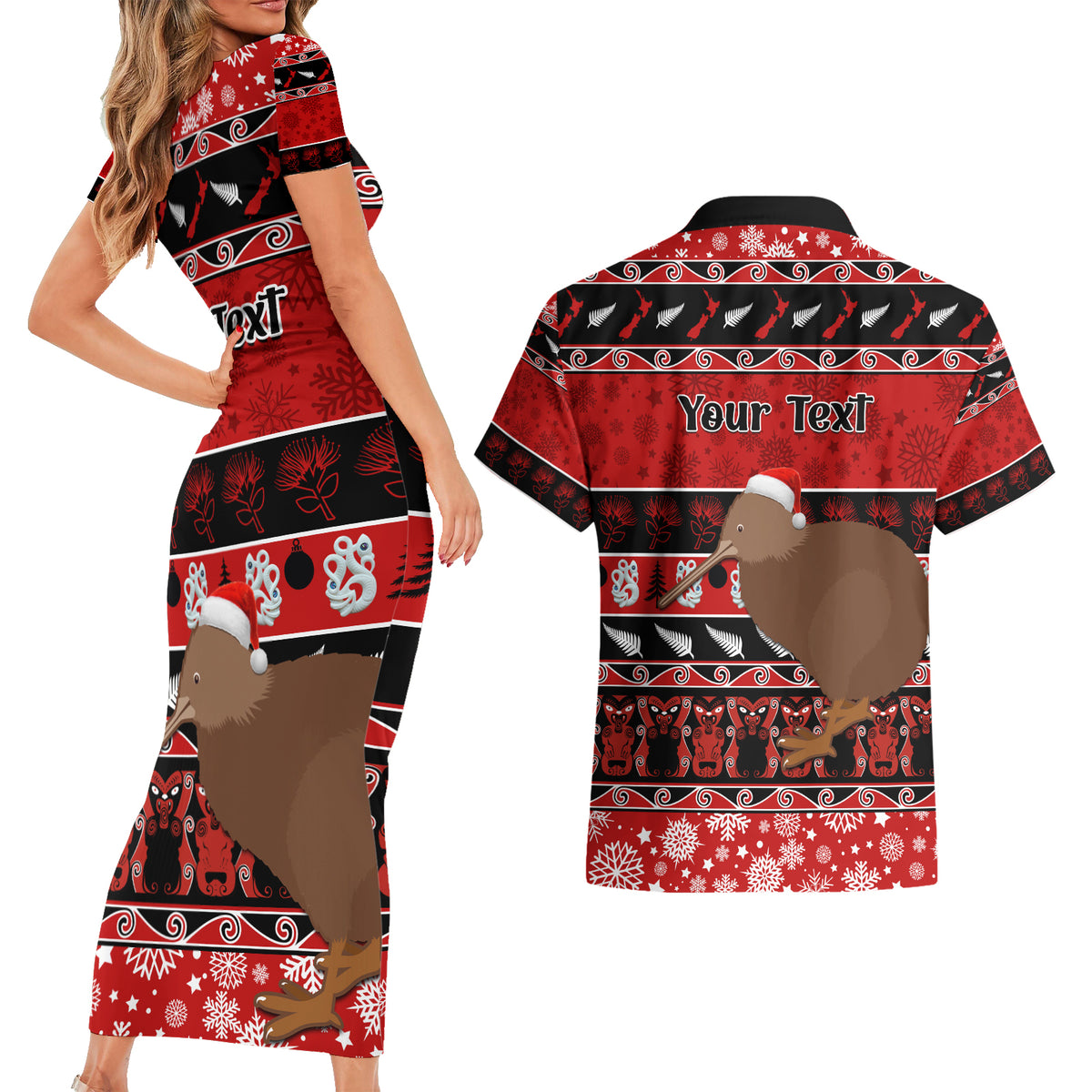 Personalised New Zealand Christmas Couples Matching Short Sleeve Bodycon Dress and Hawaiian Shirt Aotearoa Kiwi Meri Kirihimete Red Version - Wonder Print Shop