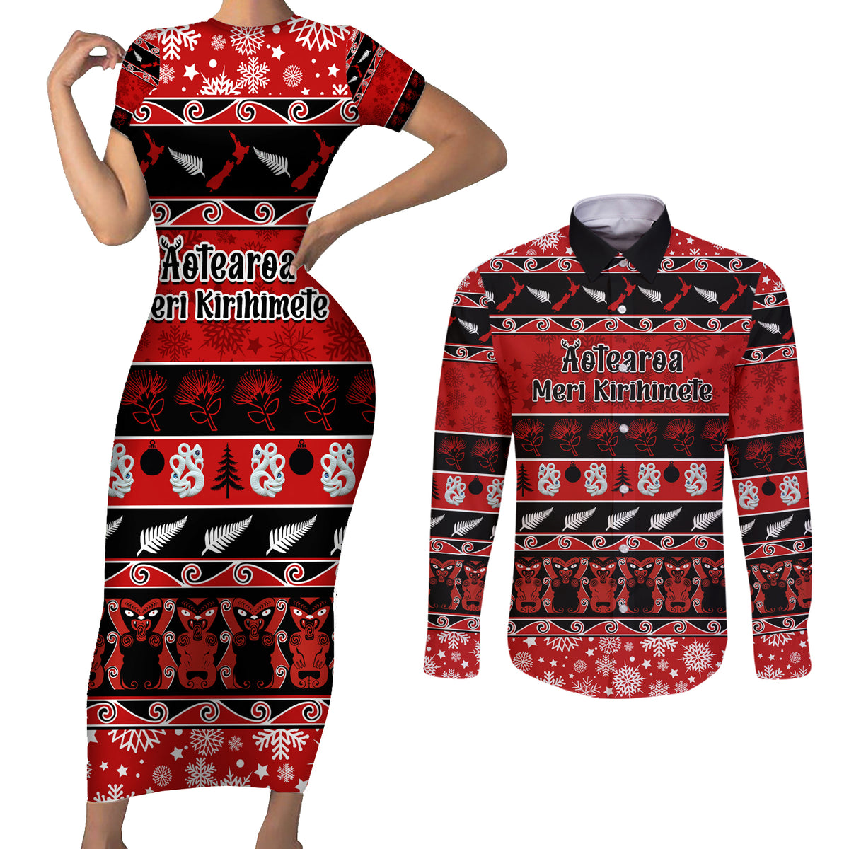 Personalised New Zealand Christmas Couples Matching Short Sleeve Bodycon Dress and Long Sleeve Button Shirt Aotearoa Kiwi Meri Kirihimete Red Version - Wonder Print Shop