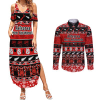 Personalised New Zealand Christmas Couples Matching Summer Maxi Dress and Long Sleeve Button Shirt Aotearoa Kiwi Meri Kirihimete Red Version - Wonder Print Shop
