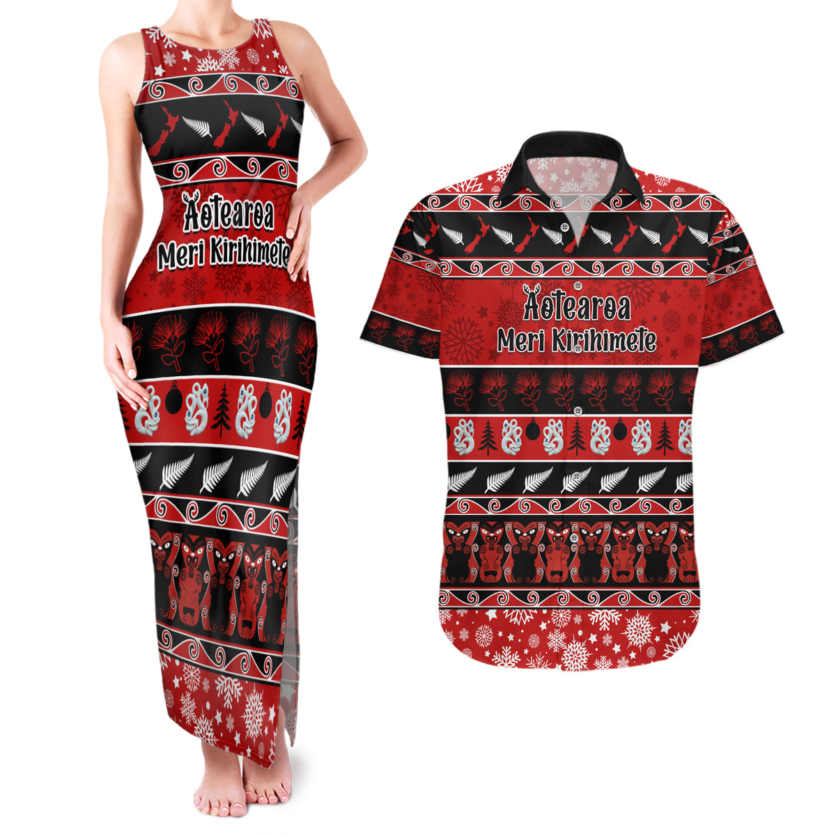 Personalised New Zealand Christmas Couples Matching Tank Maxi Dress and Hawaiian Shirt Aotearoa Kiwi Meri Kirihimete Red Version - Wonder Print Shop