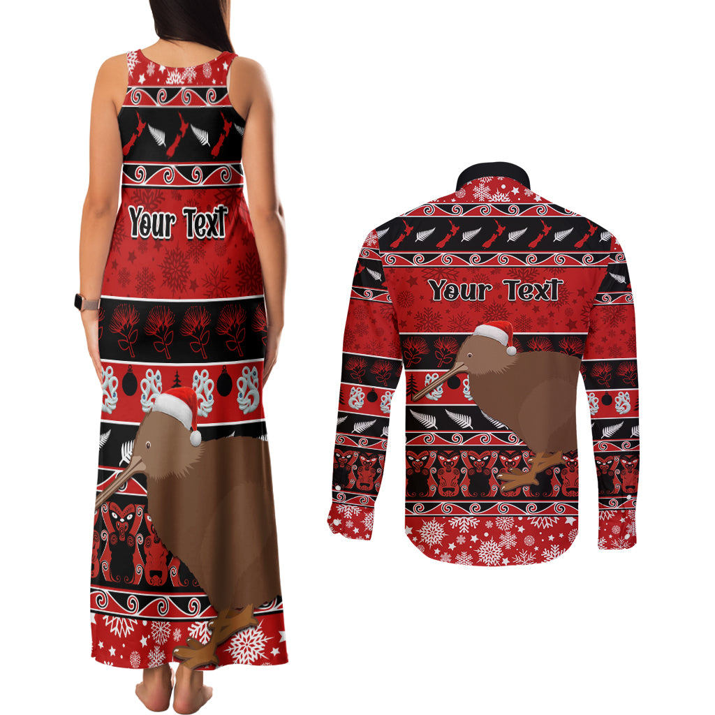 Personalised New Zealand Christmas Couples Matching Tank Maxi Dress and Long Sleeve Button Shirt Aotearoa Kiwi Meri Kirihimete Red Version - Wonder Print Shop
