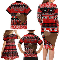 Personalised New Zealand Christmas Family Matching Long Sleeve Bodycon Dress and Hawaiian Shirt Aotearoa Kiwi Meri Kirihimete Red Version - Wonder Print Shop