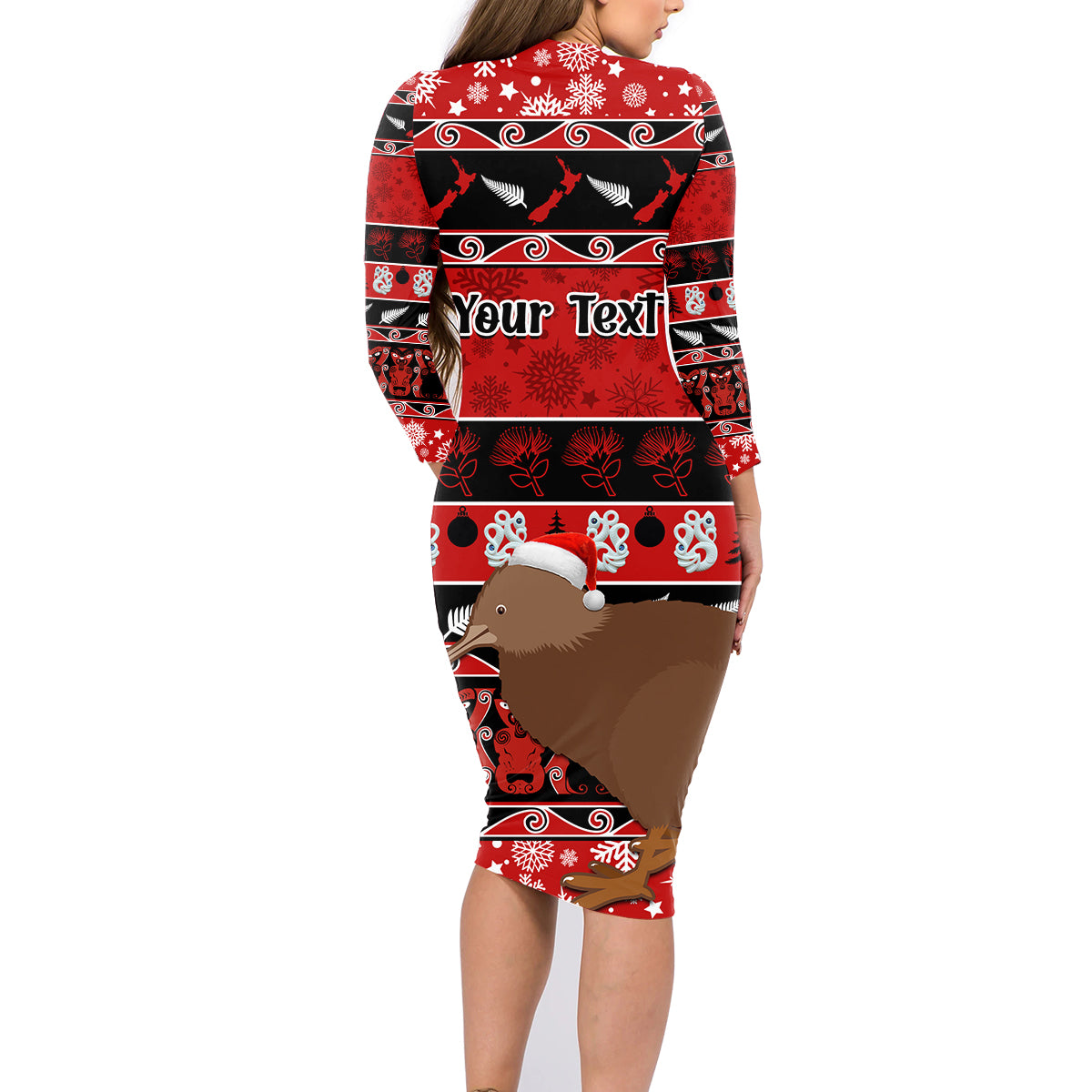 Personalised New Zealand Christmas Family Matching Long Sleeve Bodycon Dress and Hawaiian Shirt Aotearoa Kiwi Meri Kirihimete Red Version - Wonder Print Shop