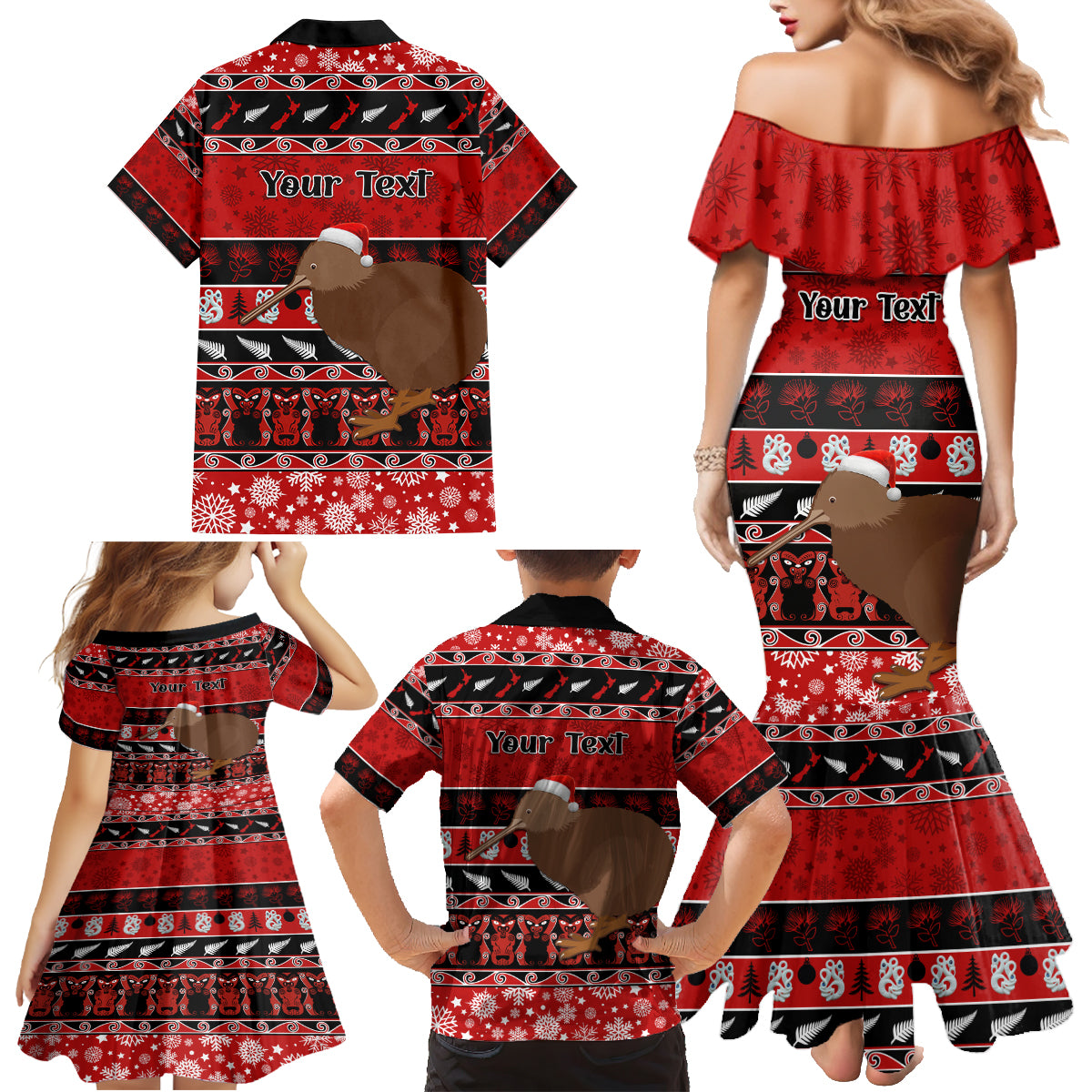Personalised New Zealand Christmas Family Matching Mermaid Dress and Hawaiian Shirt Aotearoa Kiwi Meri Kirihimete Red Version - Wonder Print Shop