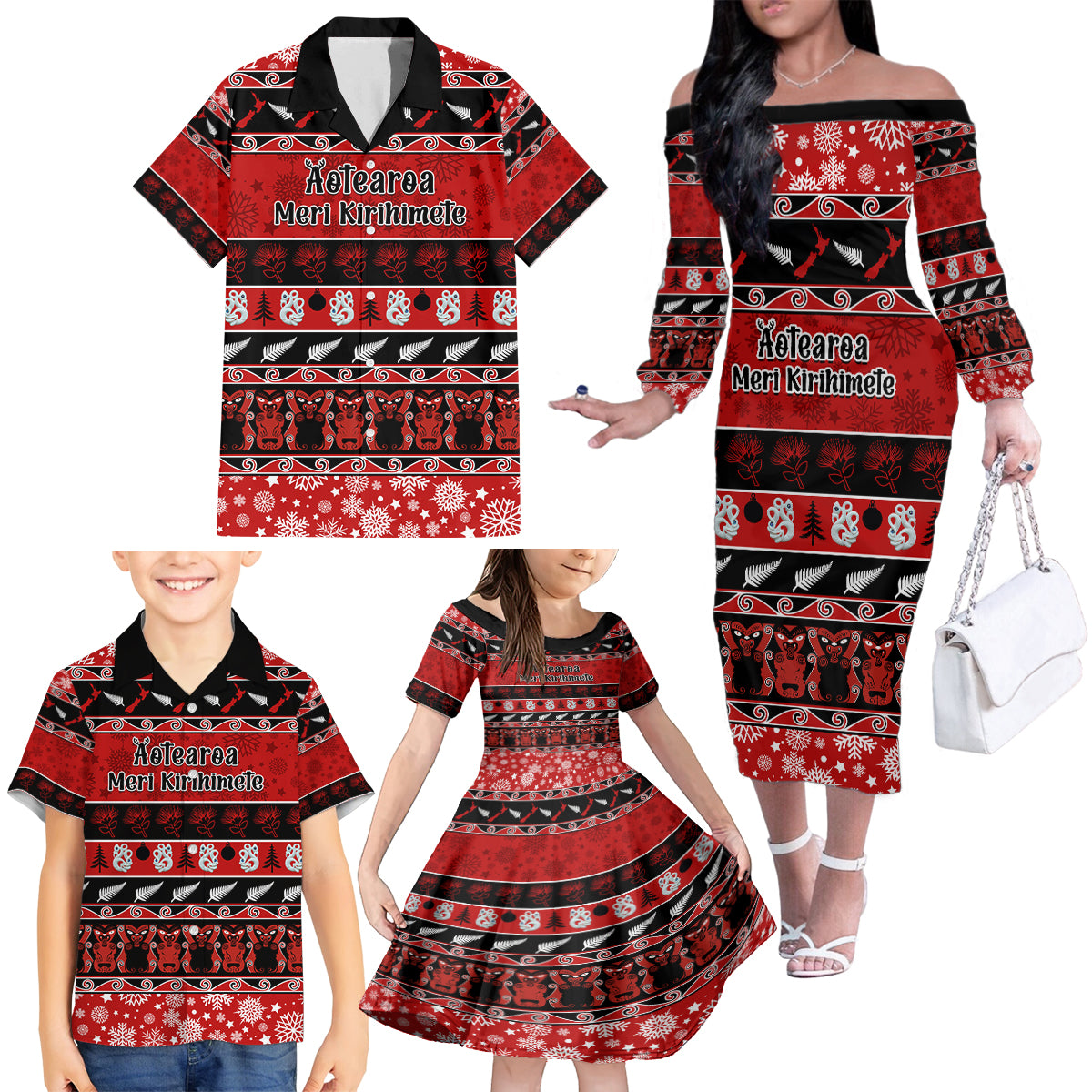 Personalised New Zealand Christmas Family Matching Off Shoulder Long Sleeve Dress and Hawaiian Shirt Aotearoa Kiwi Meri Kirihimete Red Version - Wonder Print Shop
