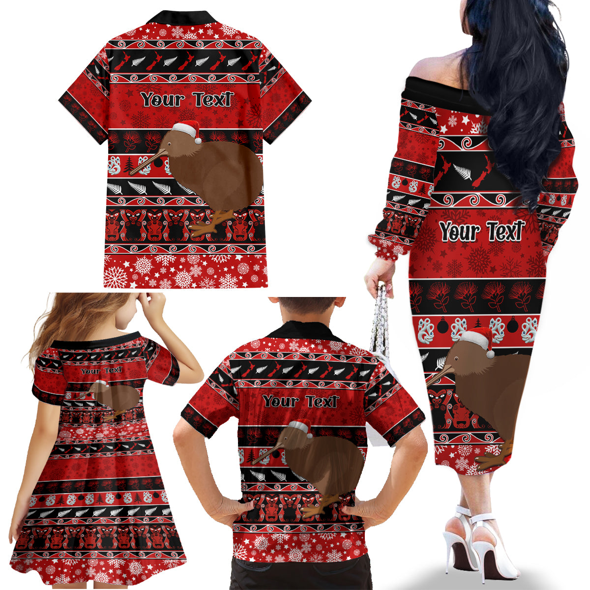 Personalised New Zealand Christmas Family Matching Off Shoulder Long Sleeve Dress and Hawaiian Shirt Aotearoa Kiwi Meri Kirihimete Red Version - Wonder Print Shop