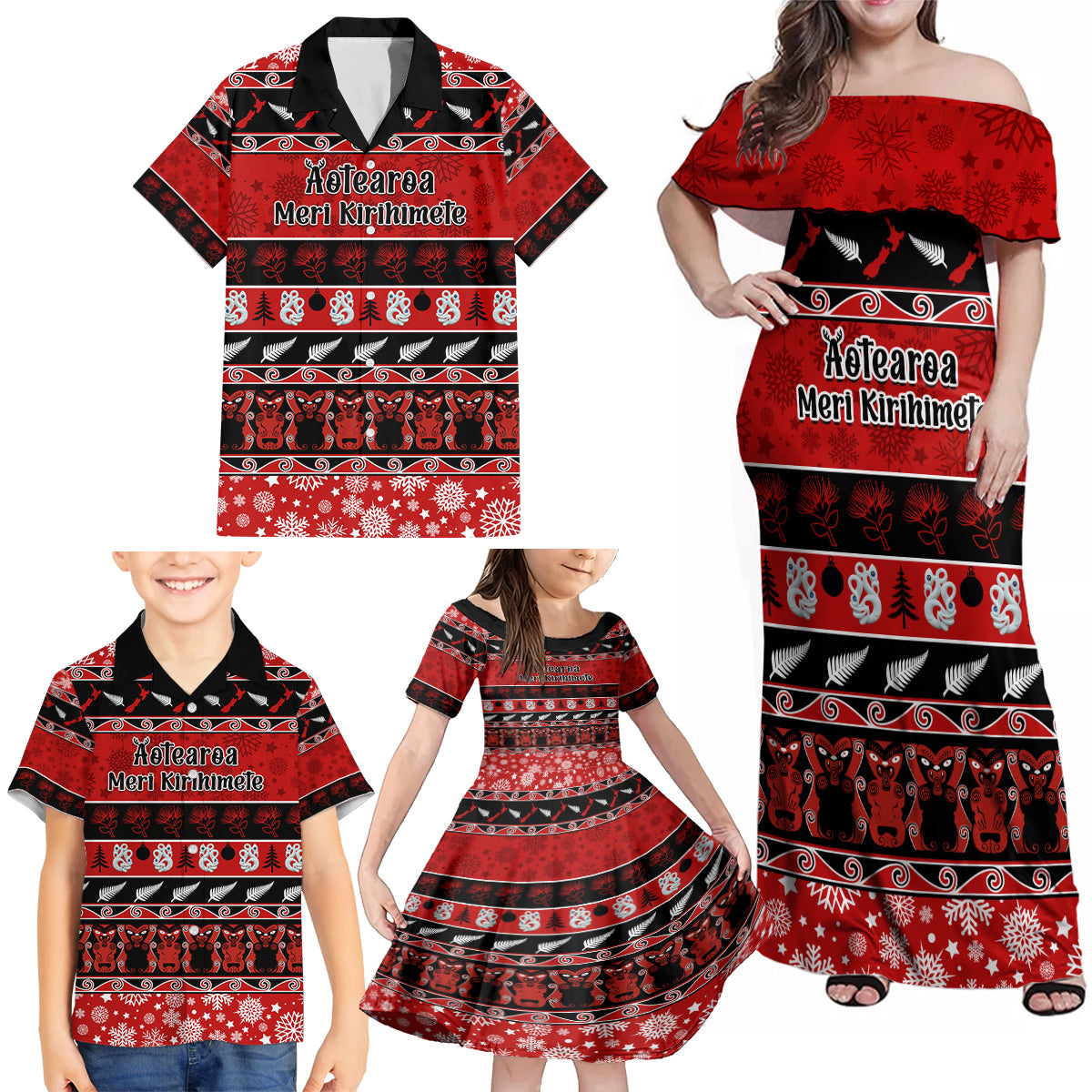 Personalised New Zealand Christmas Family Matching Off Shoulder Maxi Dress and Hawaiian Shirt Aotearoa Kiwi Meri Kirihimete Red Version - Wonder Print Shop