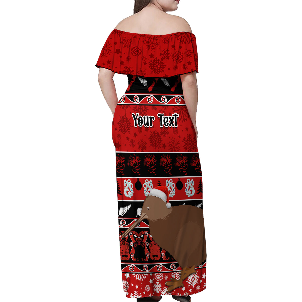 Personalised New Zealand Christmas Family Matching Off Shoulder Maxi Dress and Hawaiian Shirt Aotearoa Kiwi Meri Kirihimete Red Version - Wonder Print Shop